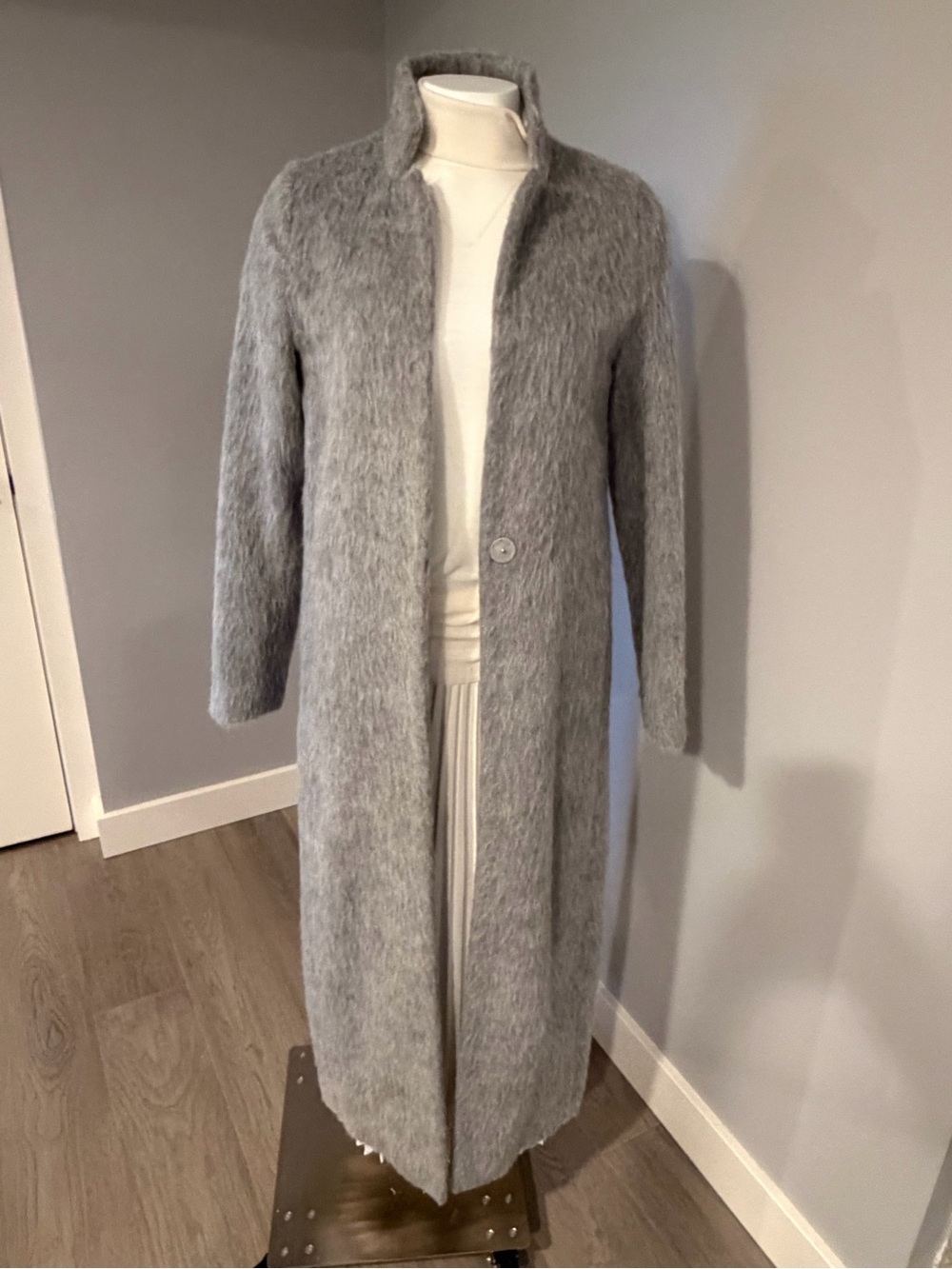 Herno Long Light Gray Single-Button Wool-Blend Coatigan